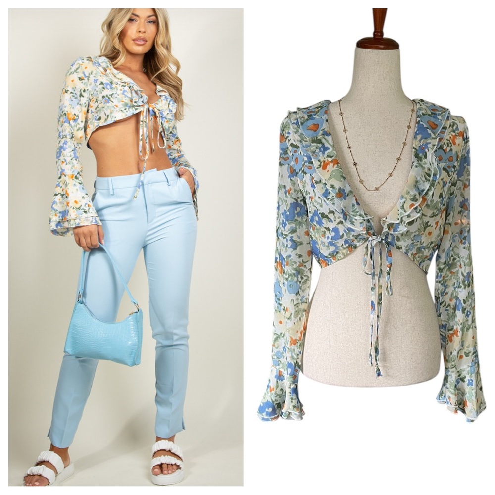 Molly Green Frilled Floral Tie Front Cropped Top